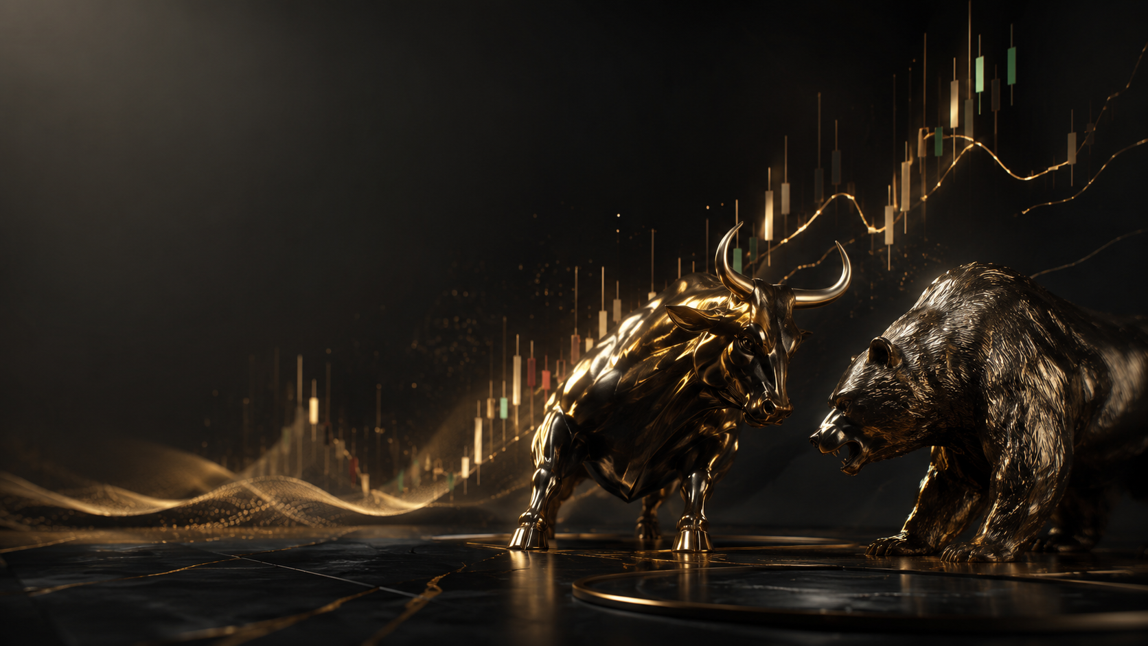 Stier und Bär vor einem goldenen Börsenchart